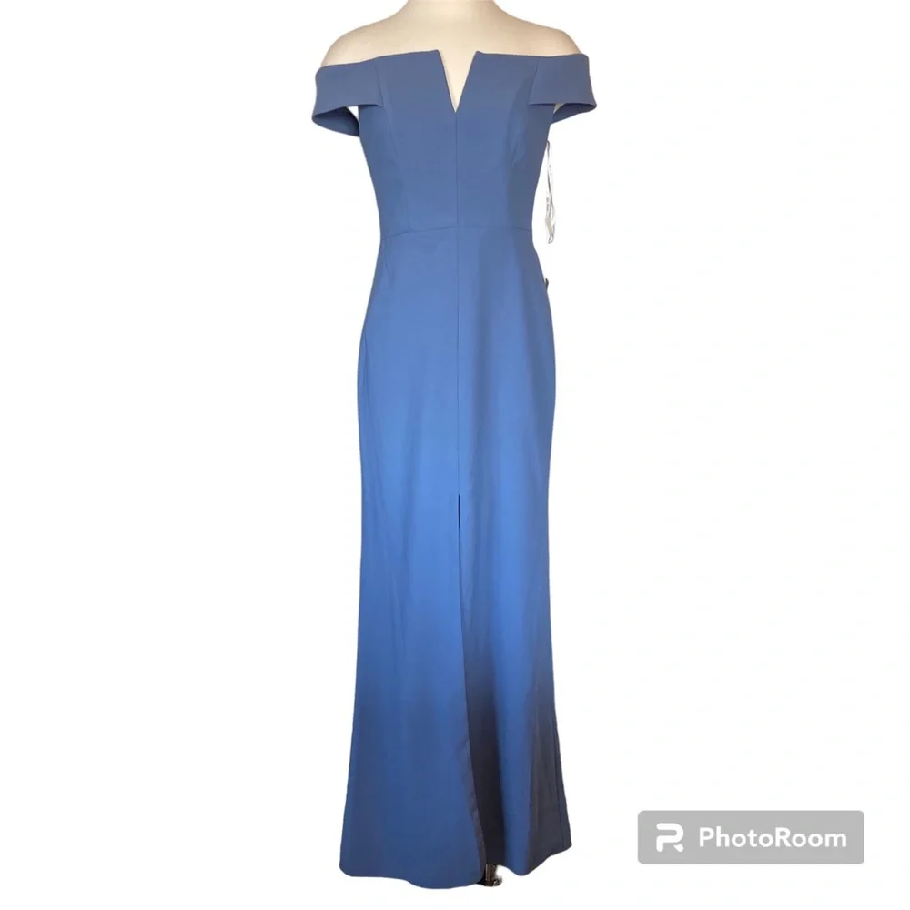 Dessy Collection NWT Off Shoulder Trumpet Gown Front Slit Larkspur Blue Size 4 - Picture 3 of 8